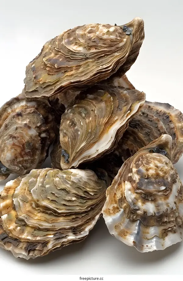 A pile of fresh oysters on a white background