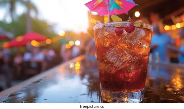Refreshing alcoholic cocktail drink with cherries and umbrella on bar counter with blurred background of people enjoying evening outdoors