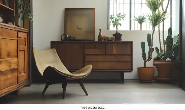 Modern Living Room Interior Design with Leather Chair and Plants