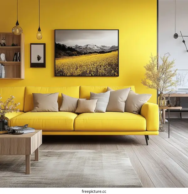 Yellow Living Room Interior Design with Artwork