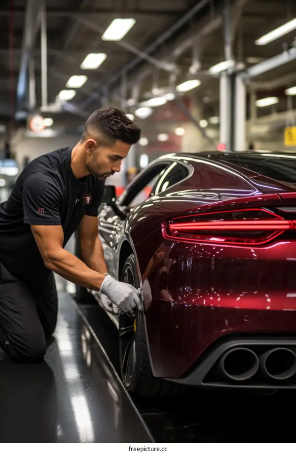 Red Sports Car Assembly Line: Mechanic Installing Wheels