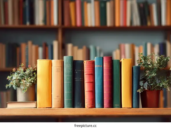 Vintage Bookshelf Filled with Colorful Books