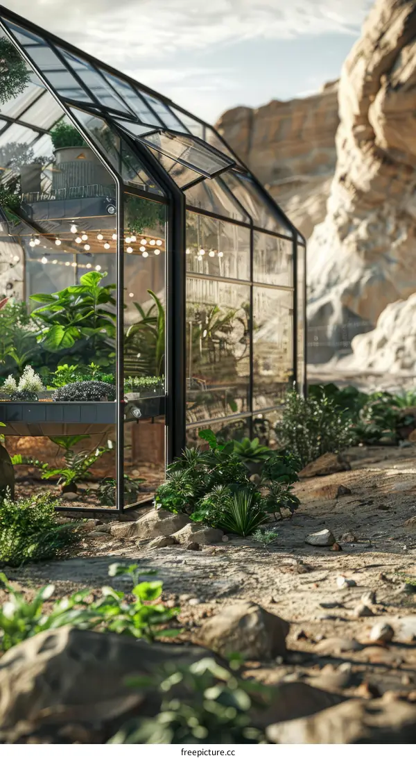 glass greenhouse in the middle of the desert