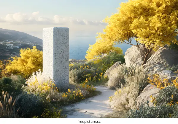 White Stone Pillar In A Field Of Yellow Flowers