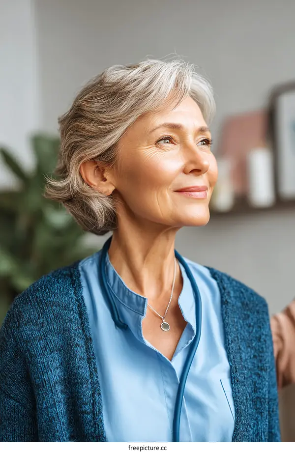 Smiling Senior Woman Doctor Looking Upward
