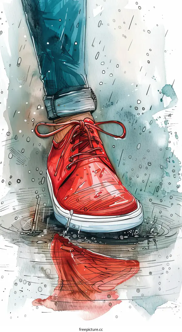 Stepping into a Puddle with Bright Red Shoes