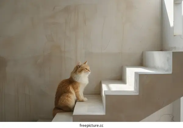 A ginger cat is sitting on the concrete stairs and looking away