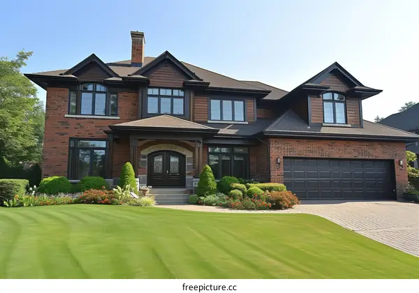 North American style two story brick house with black framed windows