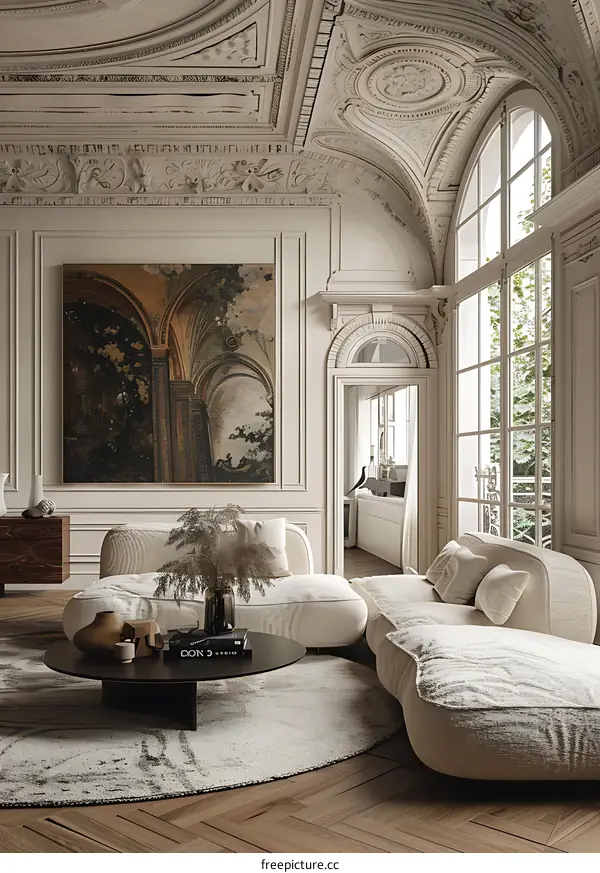 Living room with arched ceiling and floor-to-ceiling windows