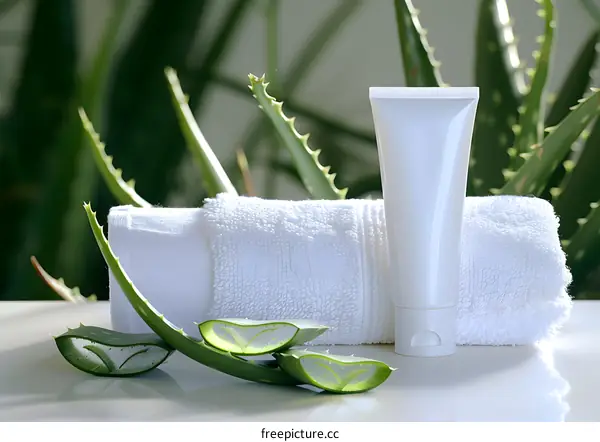Aloe Vera Cream Tube with Towel and Plant