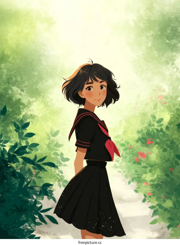 A Beautiful Girl in a Sailor Uniform in a Lush Forest