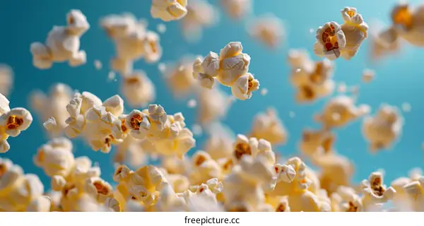 A blue background with a lot of popcorn pieces flying in the air.