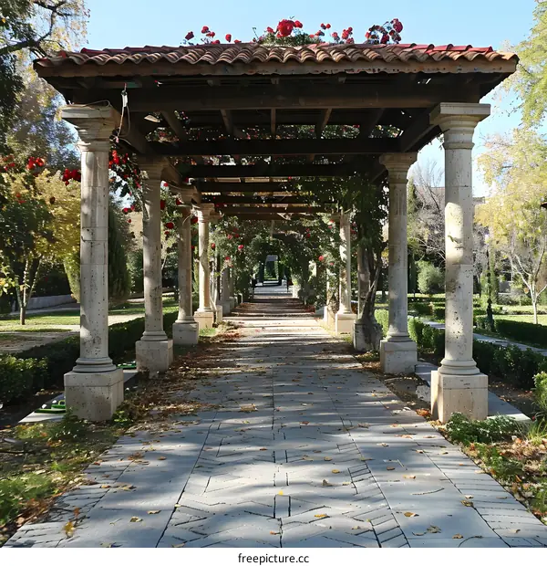 Stone Columns and Red Roses Archway in a Garden