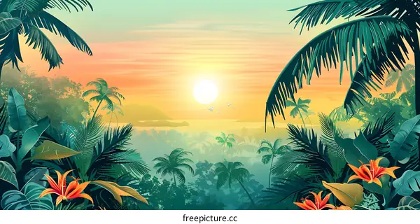 Tropical Sunset Landscape With Palm Trees