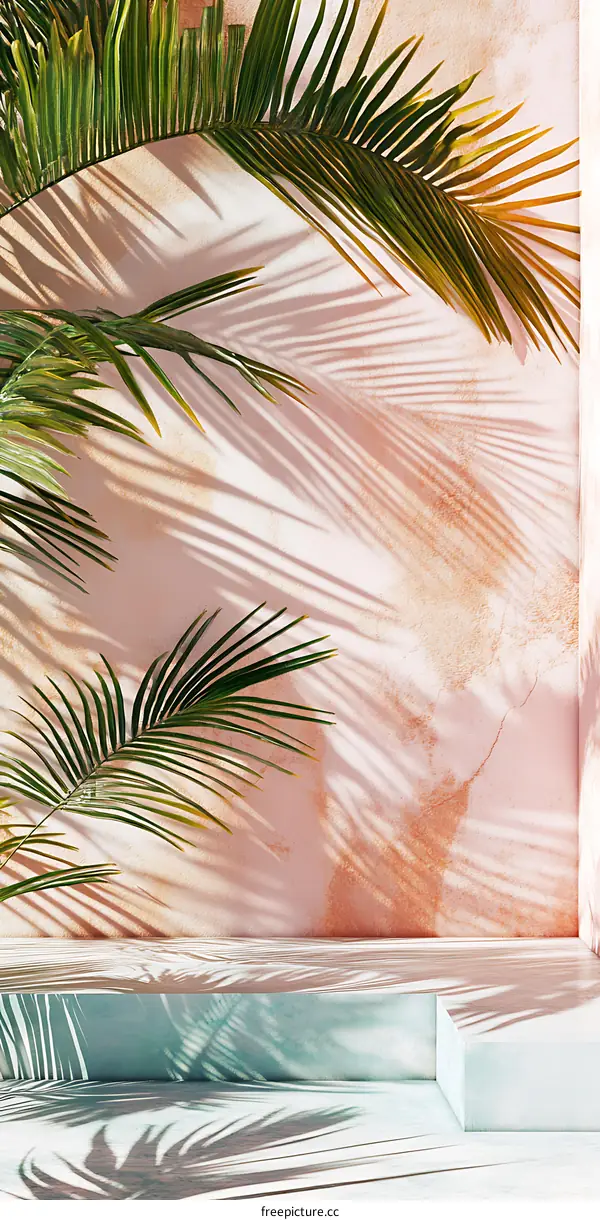 Palm Leaf Shadows On A Pink Wall With A Light Blue Platform