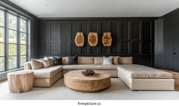 Modern Living Room with Dark Walls and Wooden Accents