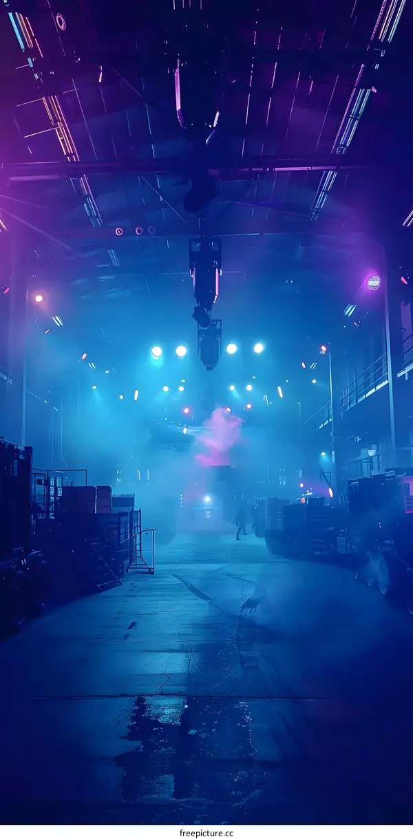 Empty Industrial Warehouse With Blue and Purple Lighting