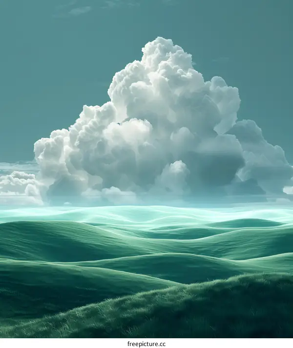 Green rolling hills under a large white cloud