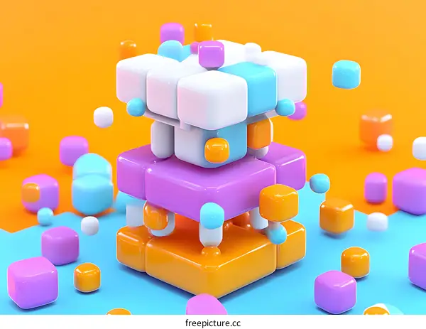 Abstract Colorful 3D Geometric Shapes on Orange Background