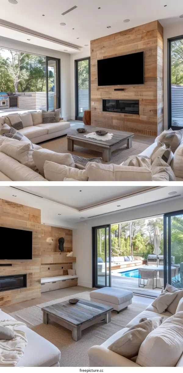 Modern Minimalist Living Room Design With Fireplace And Large Windows