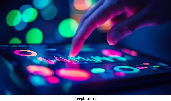 Hand interacting with glowing data visualization interface