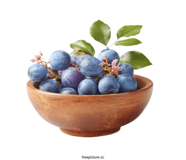 [Transparent Background PNG]Fresh Blue Grapes in Wooden Bowl