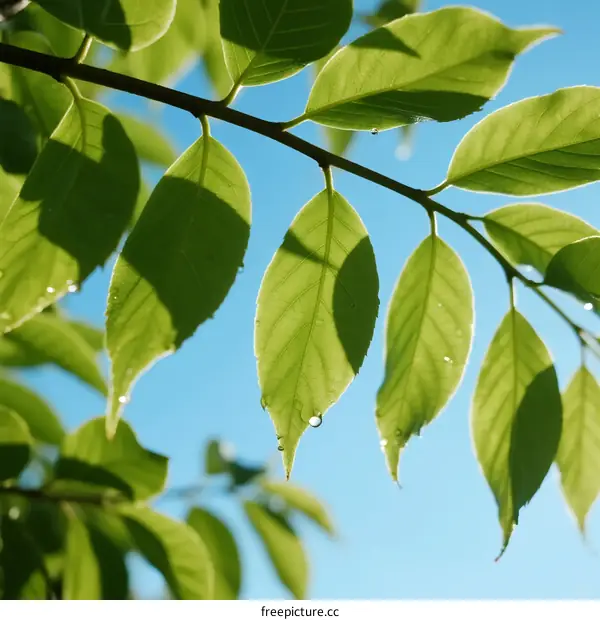 Green Fresh Leaves with Water Drops Under Blue Sky