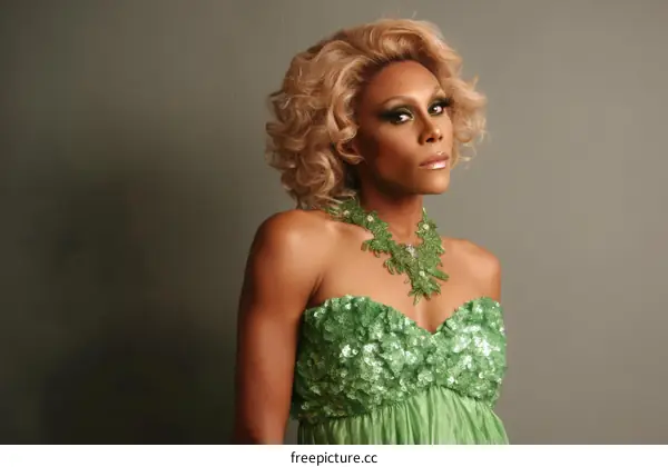 Glamorous Black Transgender Woman in Green Sequined Dress