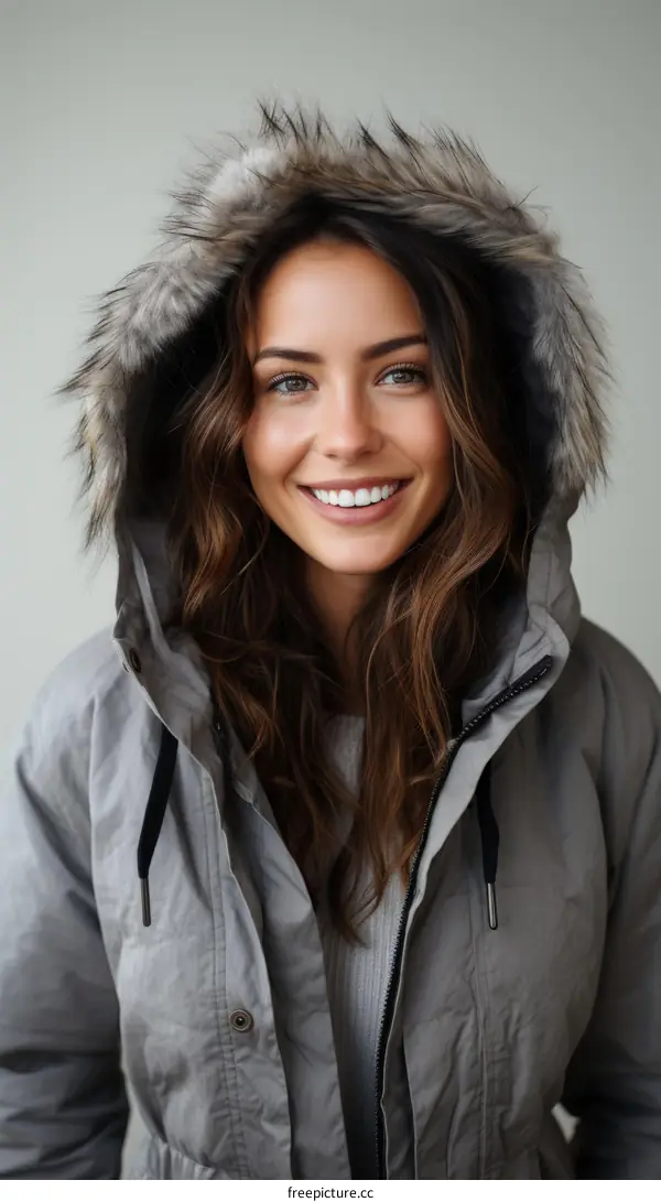 Portrait of a smiling young woman in a hooded winter coat