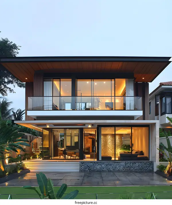 Modern Two Story Home With Large Windows And Patio