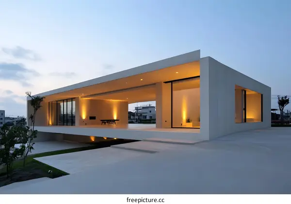 Modern Minimalist Concrete House with Large Windows and Open Terrace