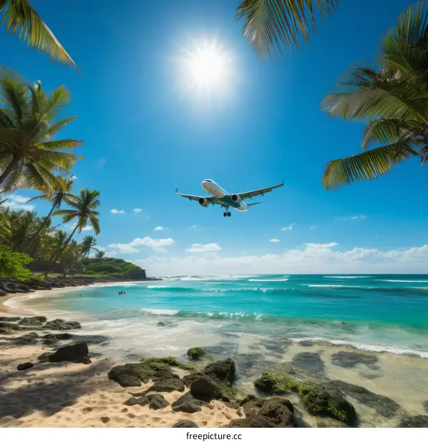 airplane is landing on tropical beach