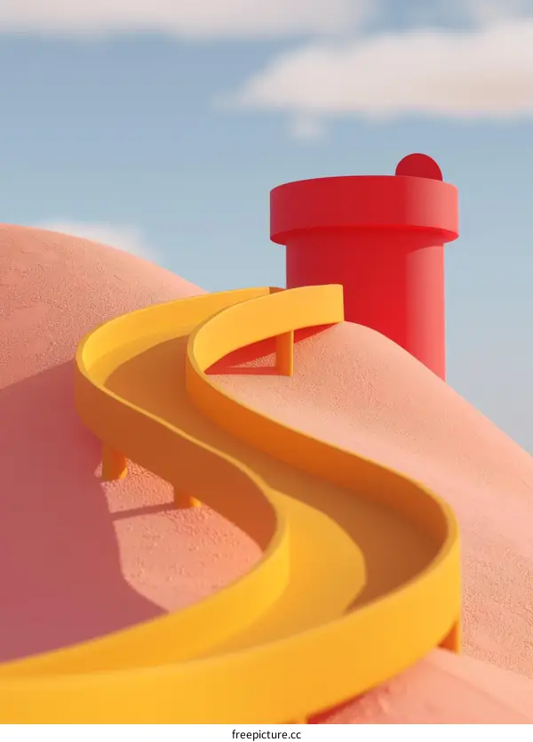 Pink and yellow abstract landscape with a red tower