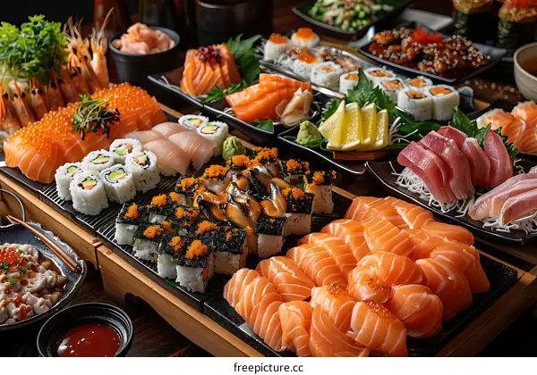 A variety of sushi and sashimi on a table