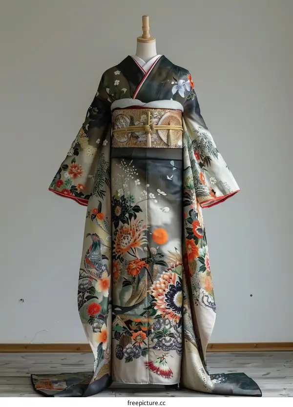 Traditional Japanese Kimono with Floral and Bird Patterns
