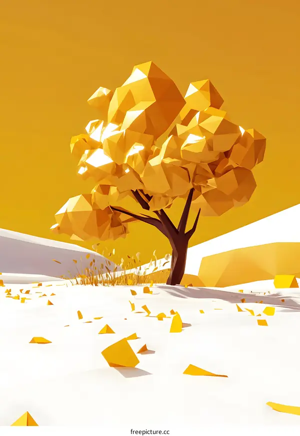 Low Poly Tree Illustration with Golden Leaves and White Ground