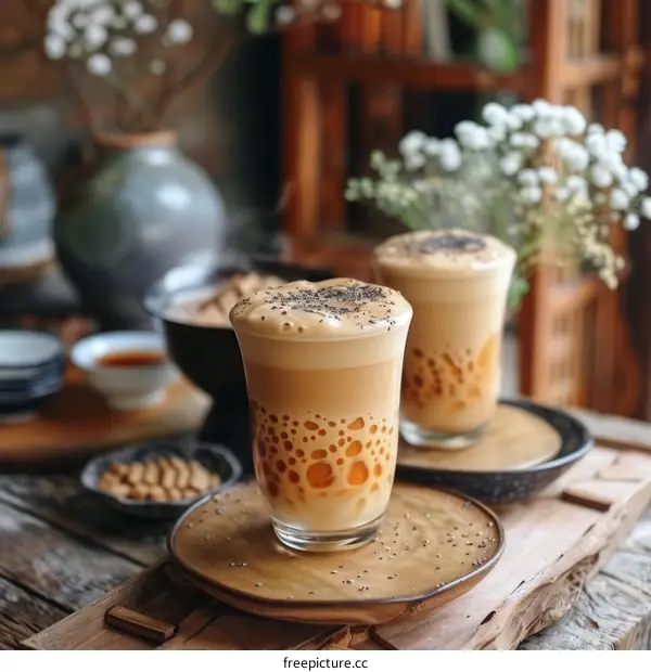 Two glasses of iced coffee with milk and chia seeds on a wooden table