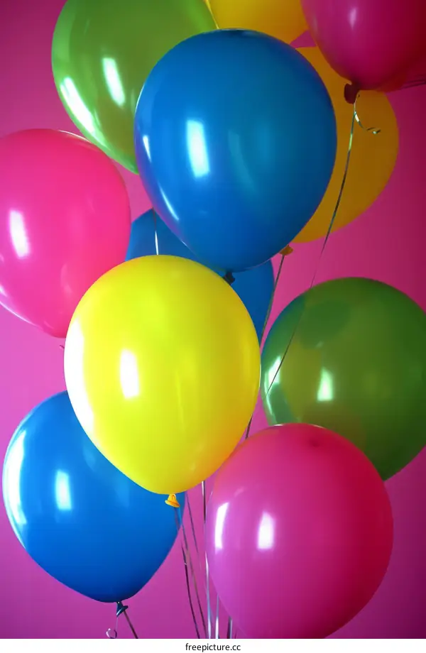 A bunch of colorful balloons on a pink background