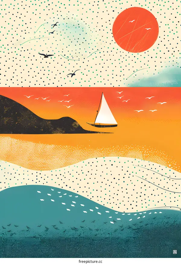 Abstract Sailing Sunset Illustration With White Sailboat and Birds