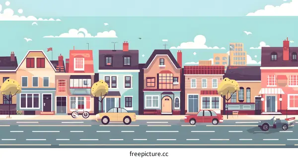 Cartoon Cityscape Illustration with Row of Colorful Houses
