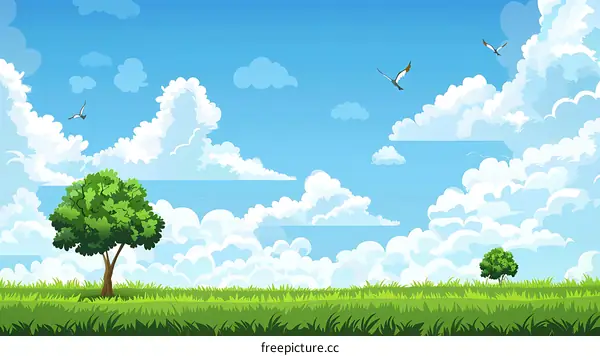 Green Grass Field Landscape Illustration with Blue Sky and White Clouds