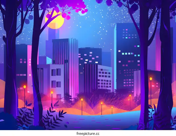 Night Cityscape with Neon Lights and Trees