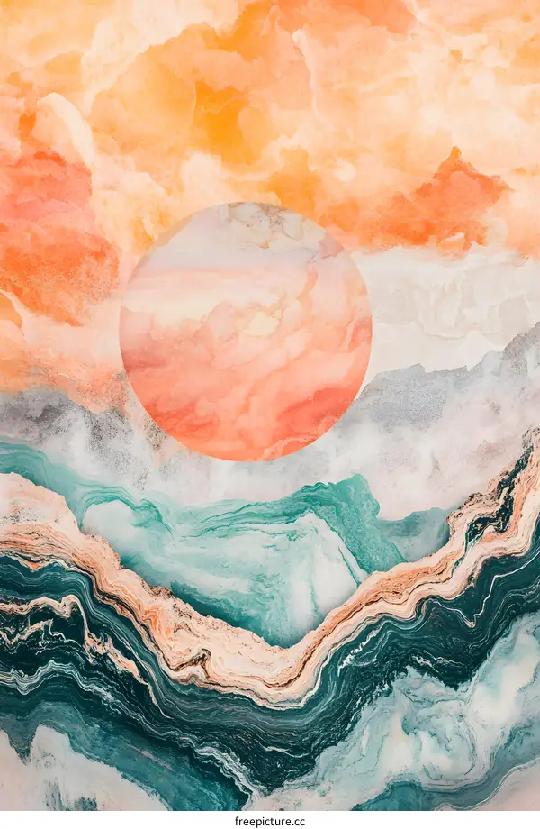 Abstract Watercolor Painting of Orange and Green Swirls