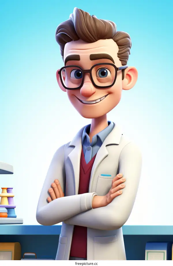 Cartoon illustration of a male scientist wearing a lab coat
