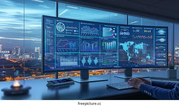 Businessman Analyzing Data on Multiple Monitors in Modern Office