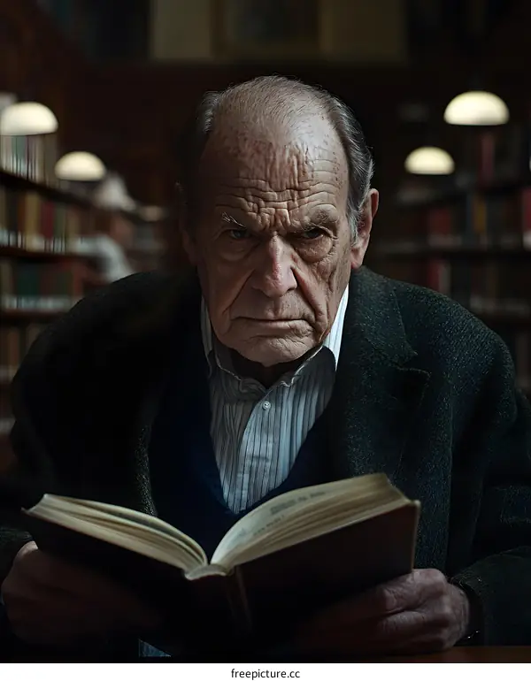 Serious Senior Man Reading Book In Library