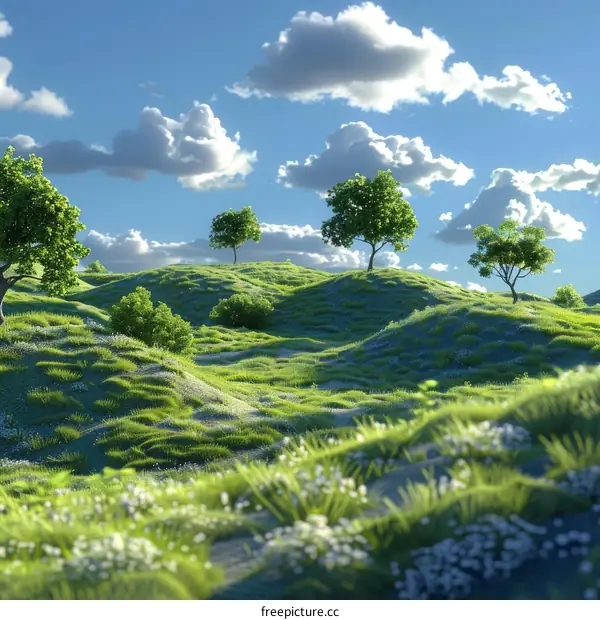 Hilly Grassland Terrain in 3D Render