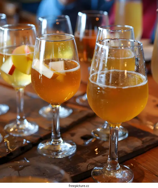 Close Up of Multiple Glasses Filled With Apple Cider