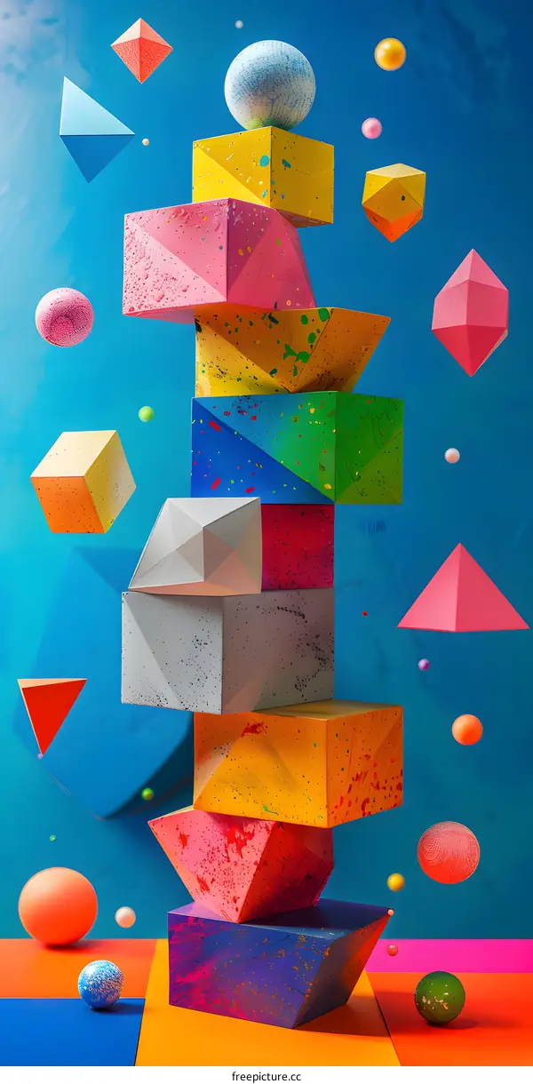 Colorful 3D geometric shapes stacked on a blue background