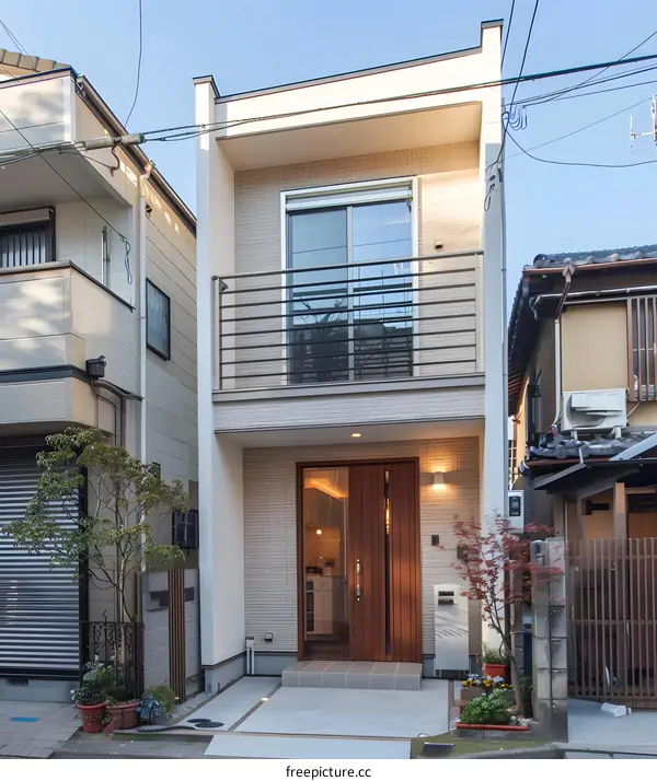 Modern Japanese House with Wooden Door and Balcony